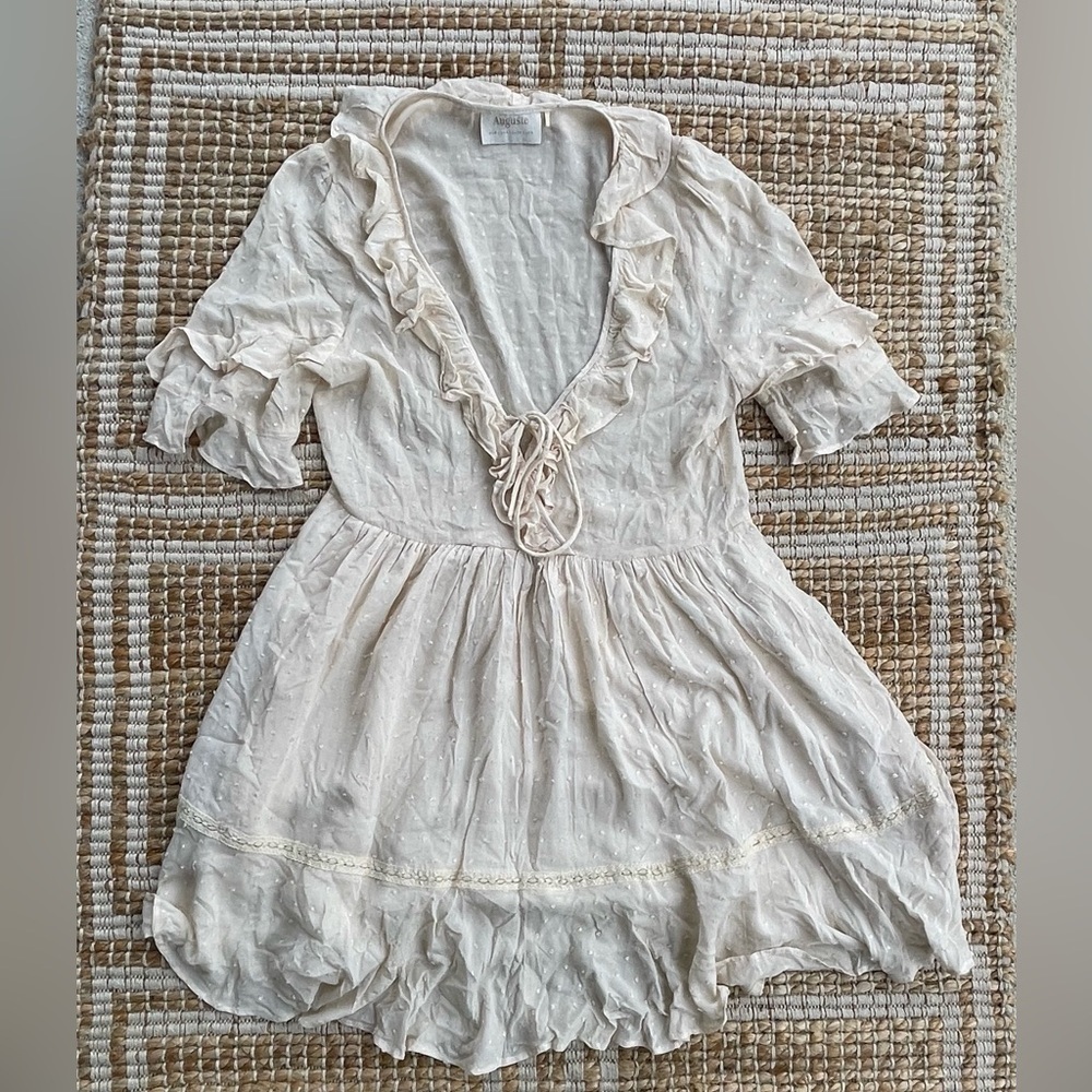 Auguste the Label Cream Swiss Dot Ruffle Mini Dress Tie US 4 Boho Cottagecore